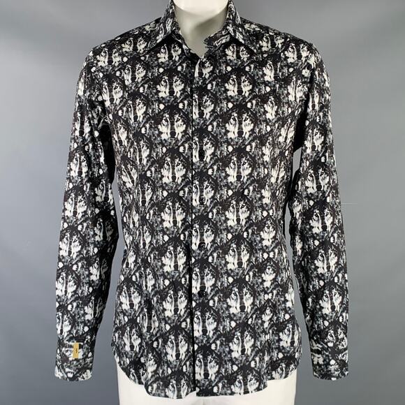 BILLIONAIRE COUTURE Size XL Black White Wolf Print Long Sleeve Shirt - Picture 1 of 6